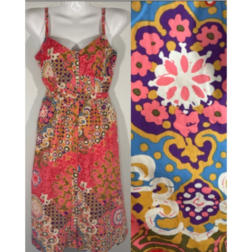 J.Crew Pink Psychedelic Floral Paisley Cotton Midi Sundress Button Front Size 0